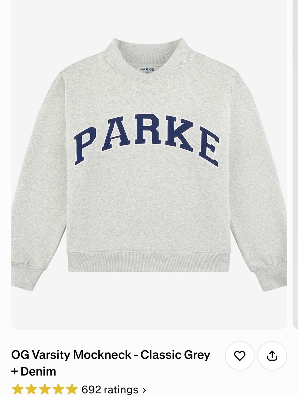 Parke OG Varsity Mockneck Sweatshirt in Classic Grey with Navy Lettering